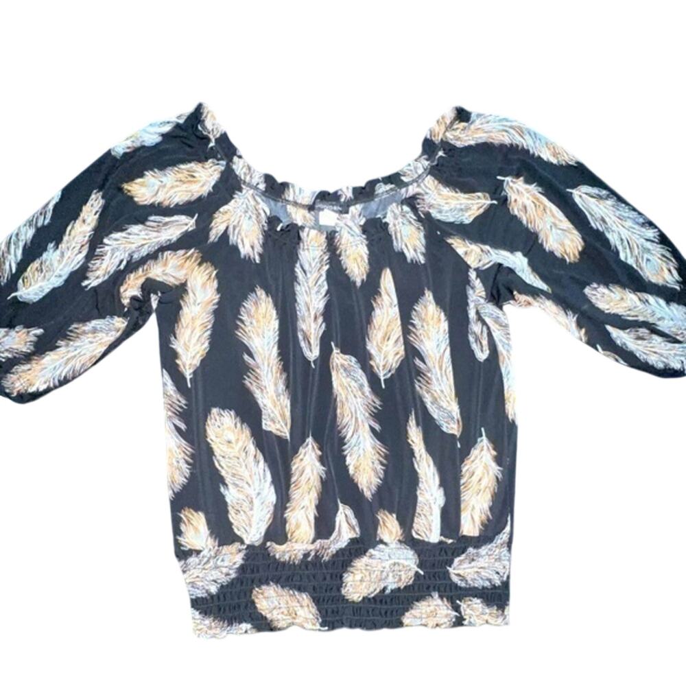 UEC BLACK OFF THE SHOULDER BLOUSE COLORFUL FEATHER PRINT SZ L